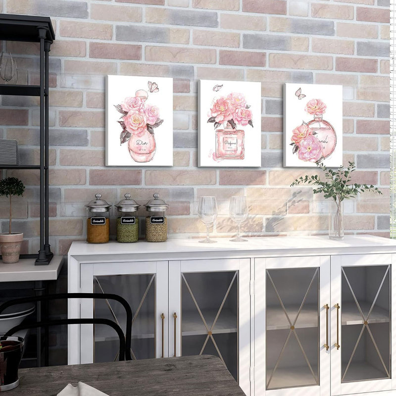 Pink Wall Art Bedroom Wall Decor Fashion Perfume Flower Butterfly Pictures Blush And Grey Framed Canvas Paintings For Living Room Bathroom,Valentines Day Gifts 12X16 Inch,3 Piece