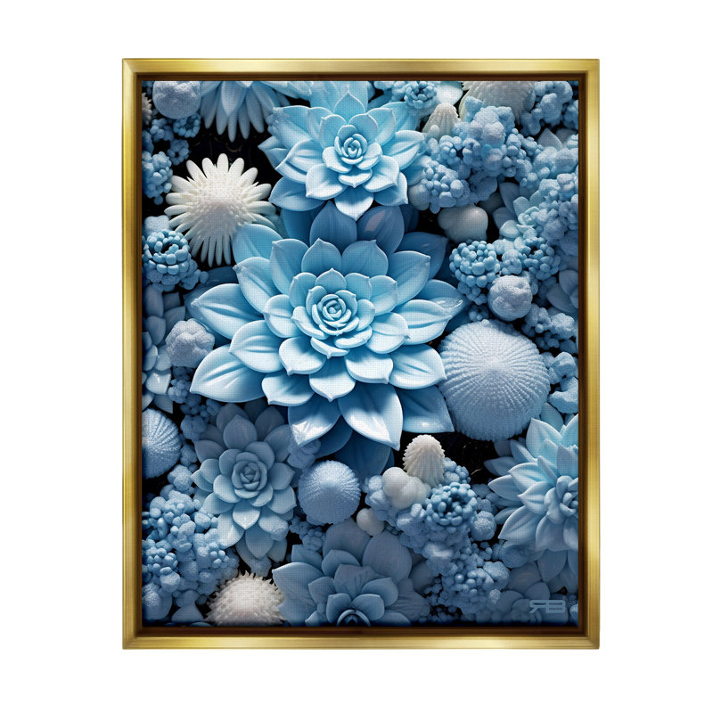 "Blue Patterned Succulents" par RB sur toile, H 31 po x l 25 po, Cadre flottant métallique doré