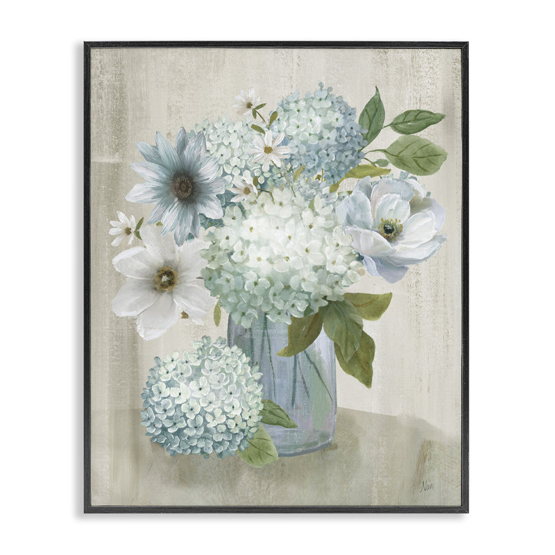 Charme, hortensia et fleurs, estampe numérique, design par Nan, H 14 po x l 11 po, Giclée encadrée noir minuit