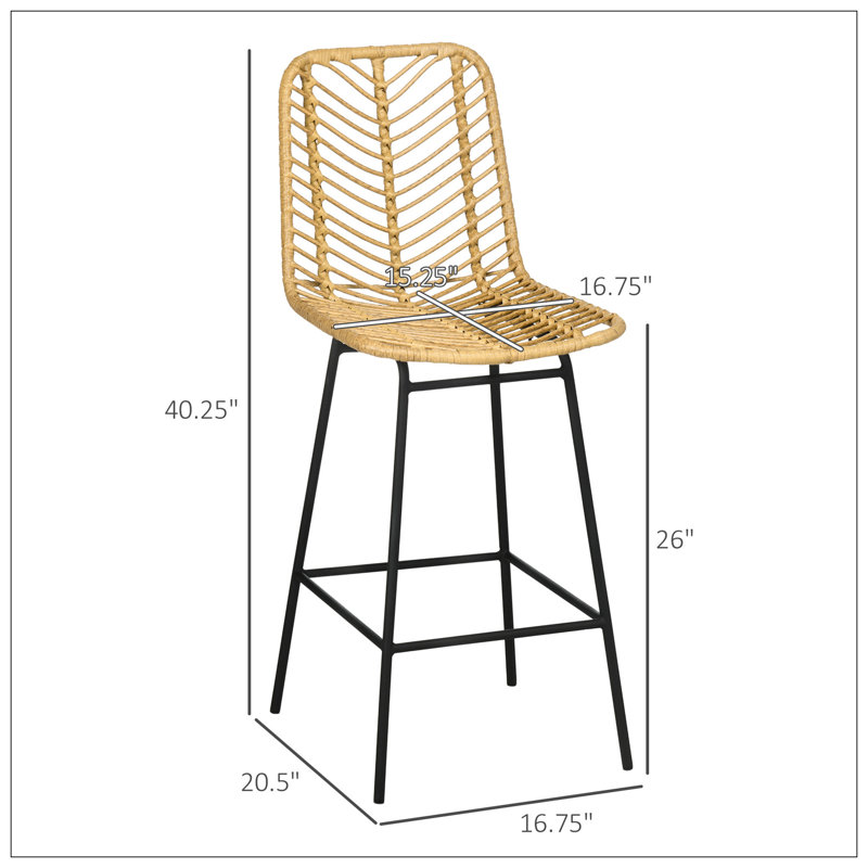 Rattan Bar Stools Set Of 4, 26" Counter Height Barstools, Boho Kitchen Island Stools With Breathable Wicker Seat And Back, Yellow