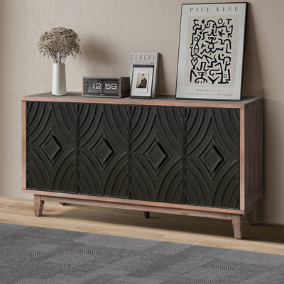 Mid Century Sideboard Buffet Cabinet With Solid Wood Legs And 4 Convex Diamond Doors, Ideal For Elegant Storage And Display