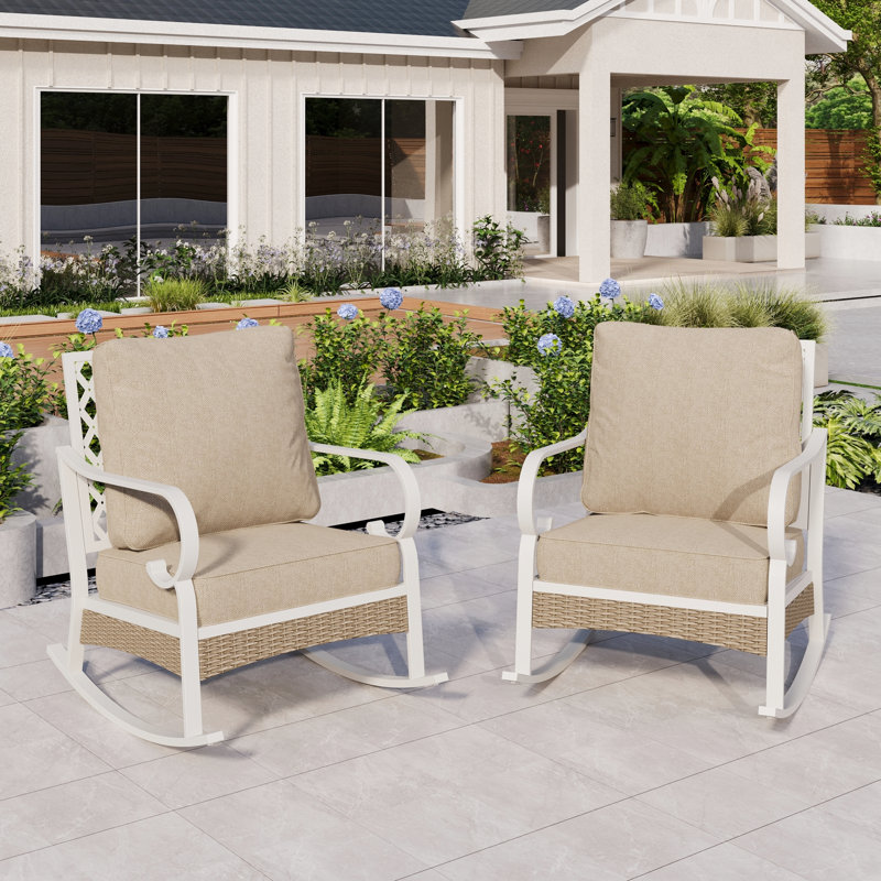 Chaise longue berçante et coulissante en métal, Coussin beige / structure blanche
