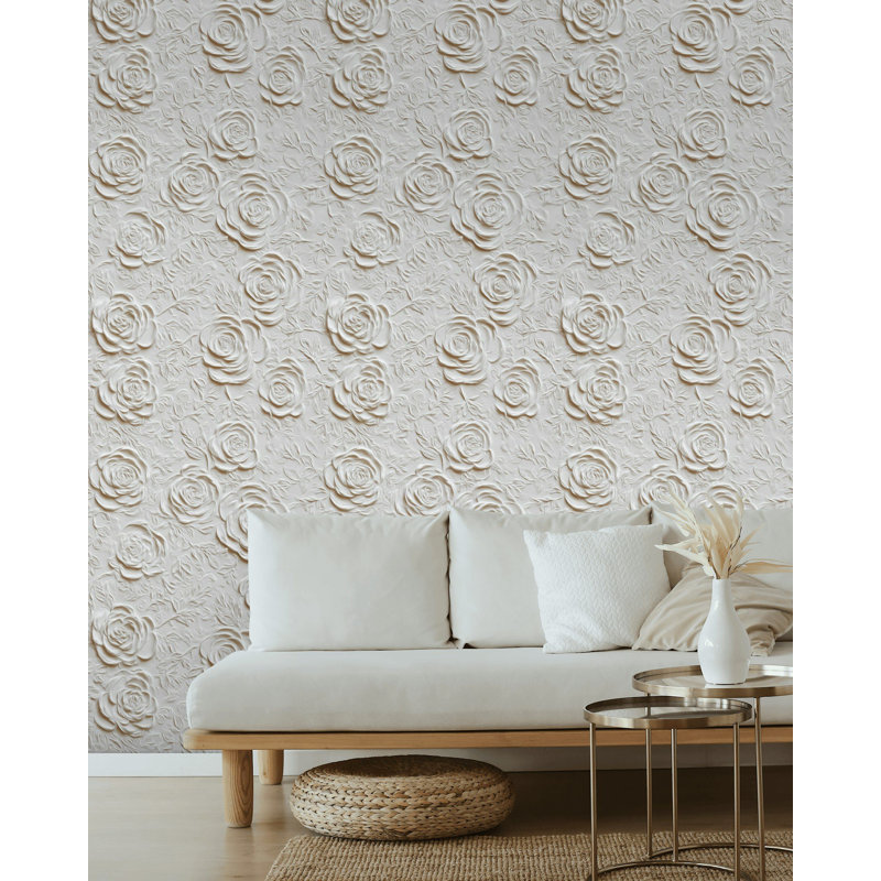 Adhésif mural blanc texturé à motif floral rose