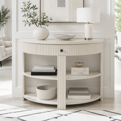 Console cannelée demi-lune avec tiroir et tablettes