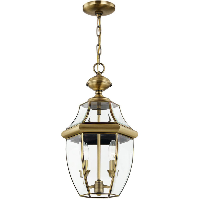 Luminaire suspendu 2 lumières avec abat-jour en verre transparent, Laiton antique
