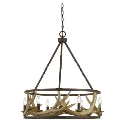 Lustre à 6 ampoules avec cadre en métal et bois de résine, bronze foncé et or