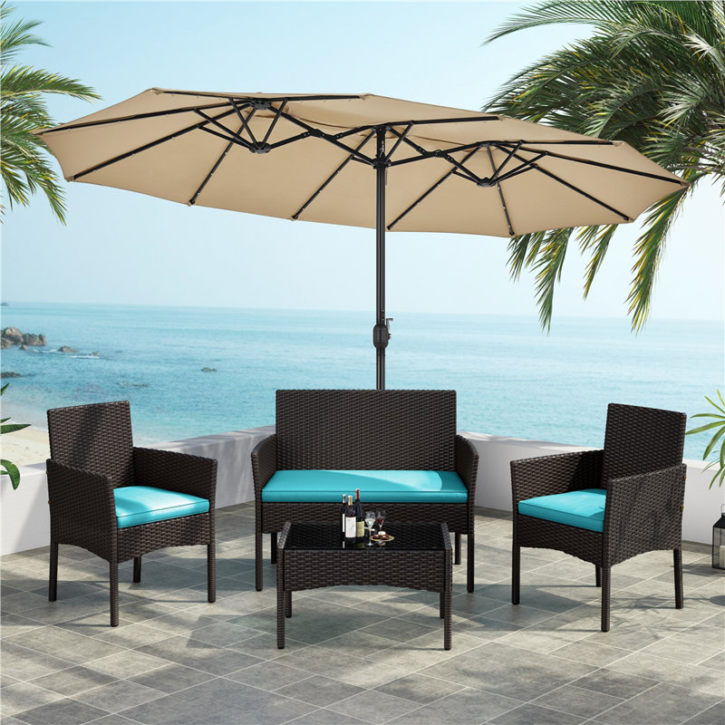 Colour Outdoor All Weather Wicker 4 - Person Seating Group with Cushions, Brown, Cyan