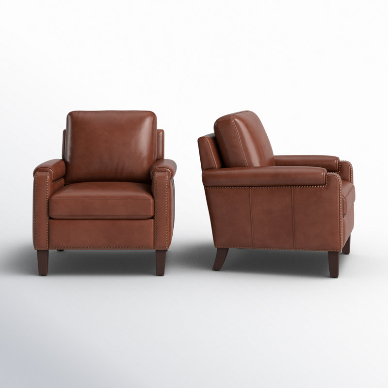 Fauteuil club transitionnel en cuir véritable l 31,5 po Paserella avec pieds en bois massif, Brun