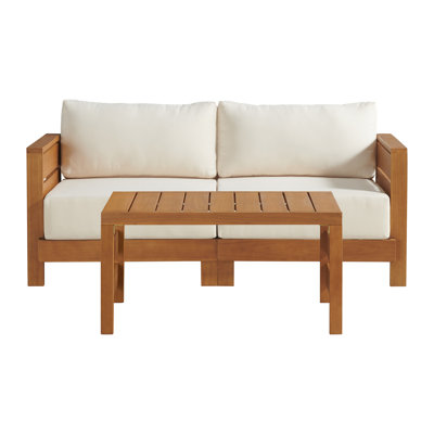 Barton 36"D Solid Wood 2 Seat Outdoor Couch 1 Pc Coffee Table Weather Stain Fade Resistant Cushions