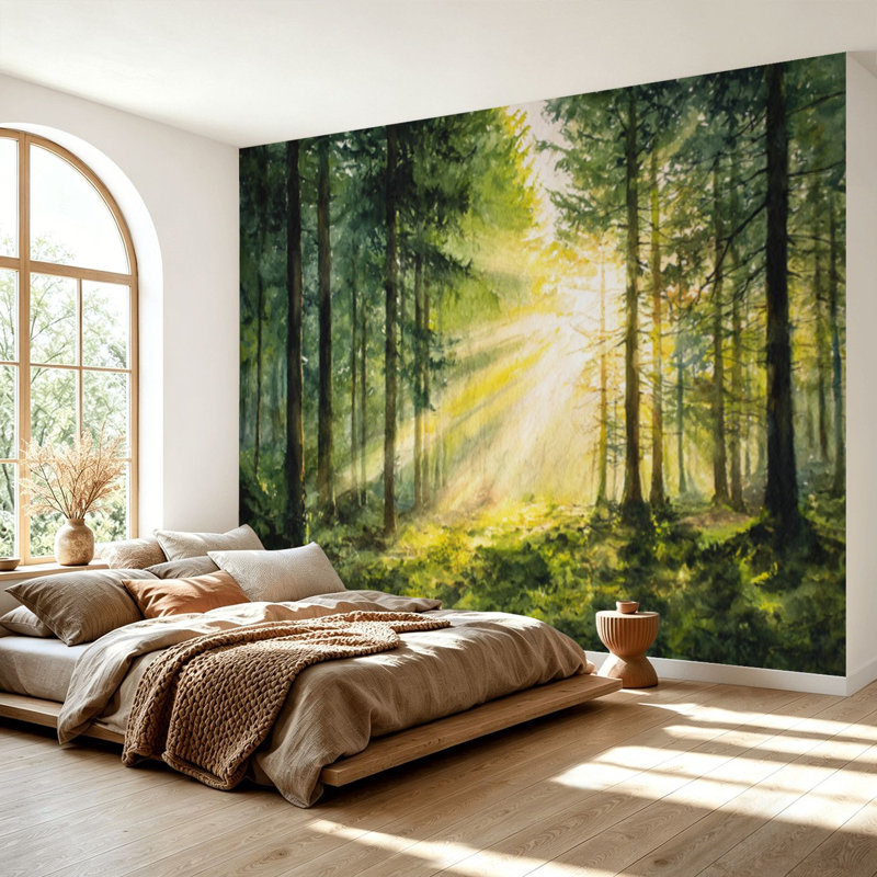 Papier peint adhésif autocollant amovible Sunlit Forest Green Trees, L 69 po x l 96 po