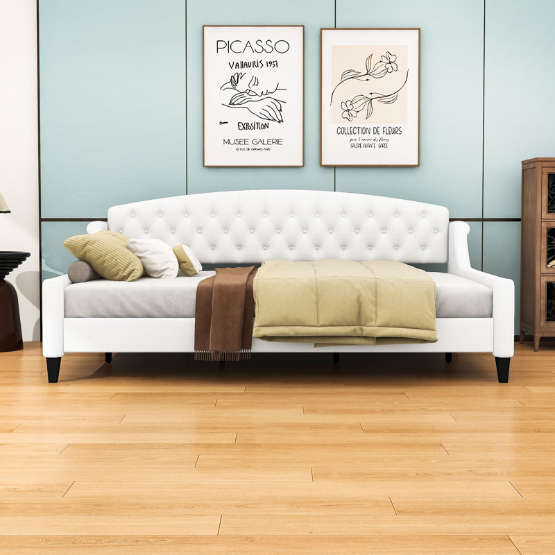 Upholstered Full Wood Daybed with Button Tufting and Center Legs, Beige