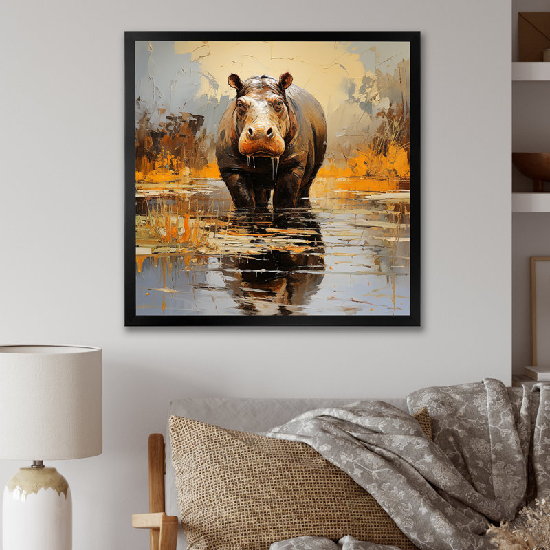 Hippopotame roi 5 - Hippopotame, art mural de salon, Cadre simple noir, H 16 po x l 16 po x P 1 po