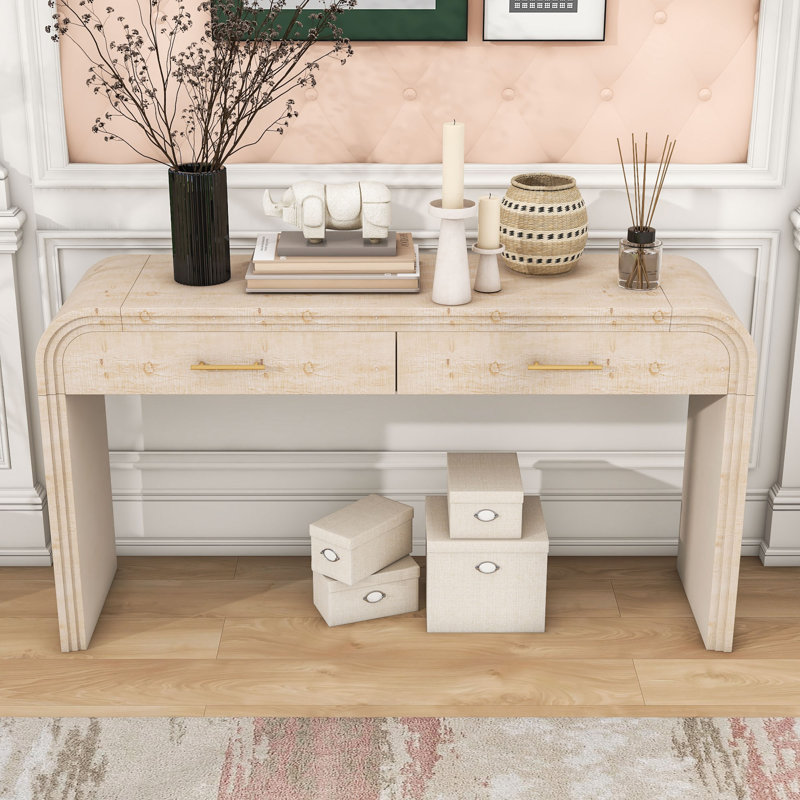 Retro Console Table with Two Top Drawers and Handle, Natural Wood Wash