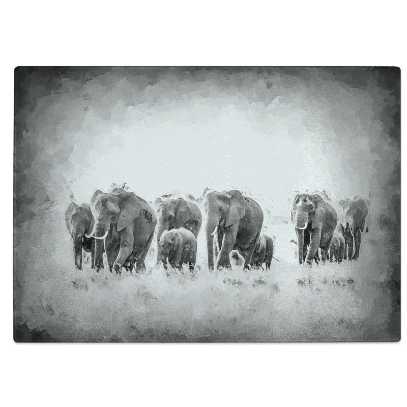 Glass Herd of Elephants Roaming in Abstract Chopping Board, 39 cm W x 28.5 cm L