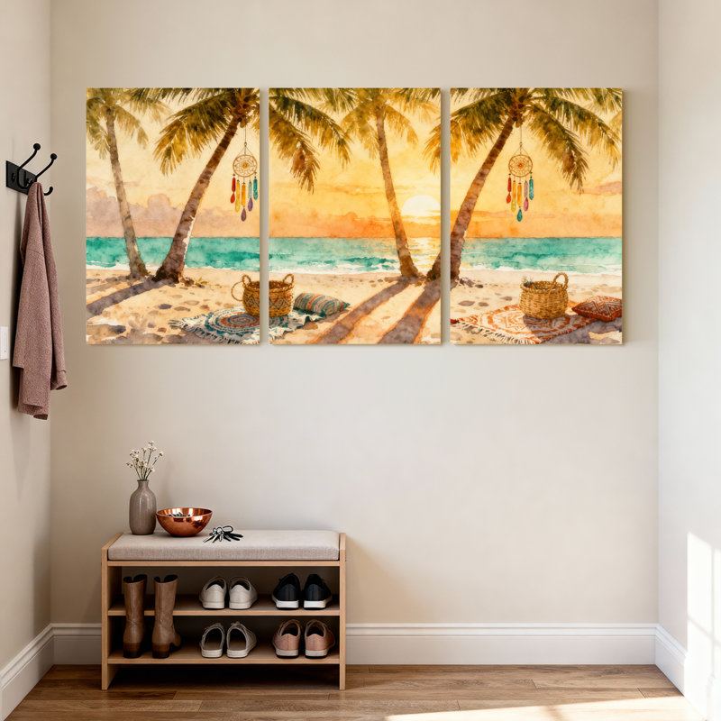 Palmiers, plage tropicale, coucher de soleil, palmiers, ensemble de 3 impressions sur toile, H 18 po x l 36 po