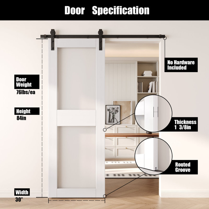 Porte de grange coulissante en bois massif non assemblé 30 po x 84 po de couleur blanche 30 po x 84 po, 30 po x 84 po