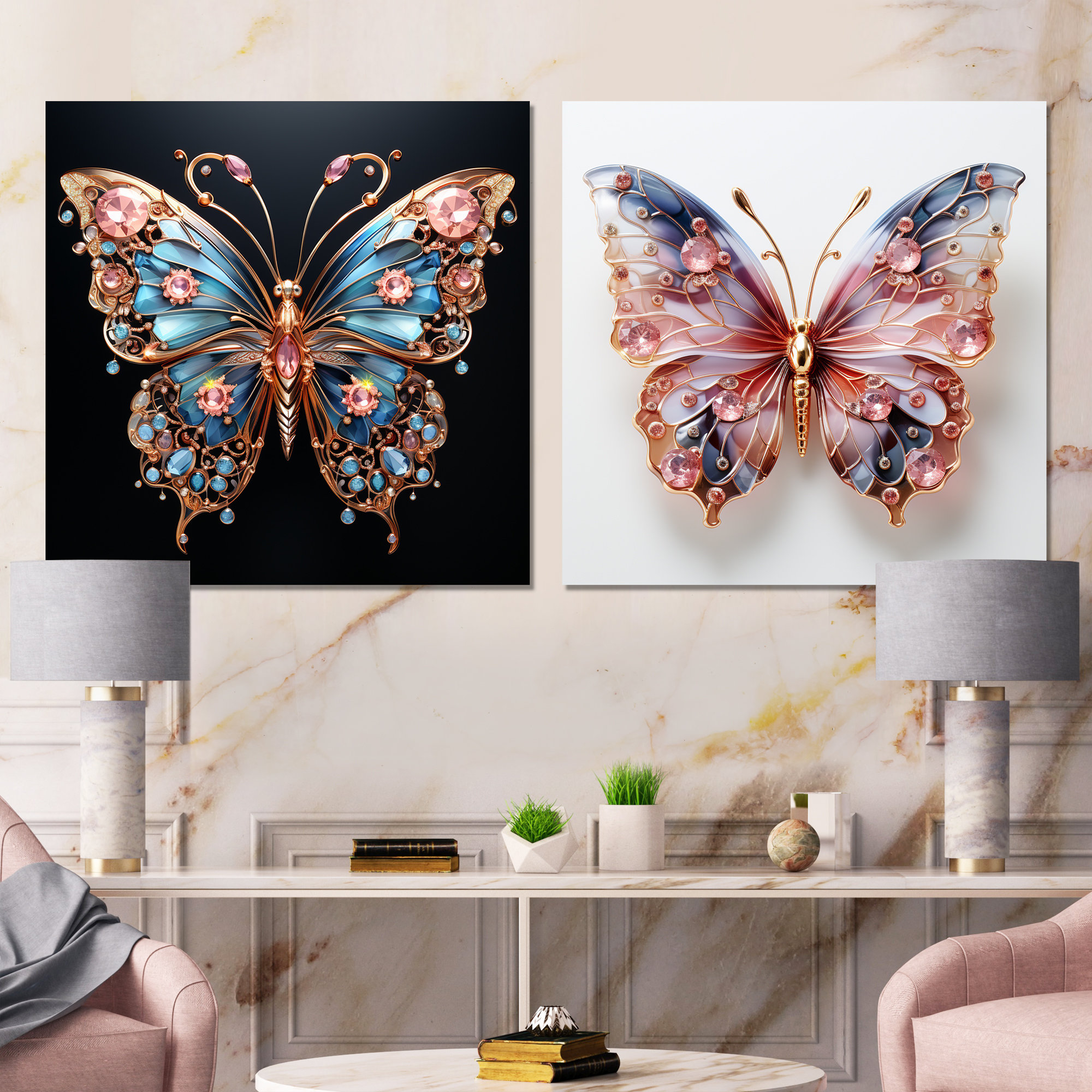 House Of Hampton Blue And Pink Crystal Butterfly I Butterfly Canvas house-of-hampton-blue-and-pink-crystal-butterfly-i-butterfly-canvas