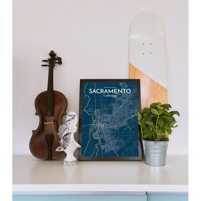 «Sacramento City Map», reproduction d'impression sur affiche en bleu, H 17 po x l 11 po