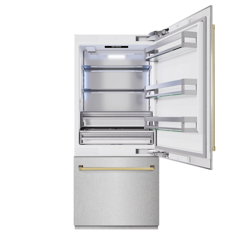 ZLINE Autograph 36 in. Built-In Refrigerator in White Matte w/ Bronze Accents, Satin Stainless Steel/Polished Gold