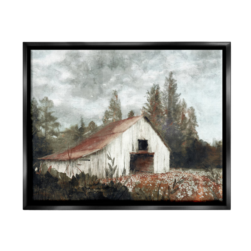 «Barn in Meadow Landscape», art mural encadré noir sur toile flottante par Nina Blue, H 25 po x l 31 po x P 1,7 po