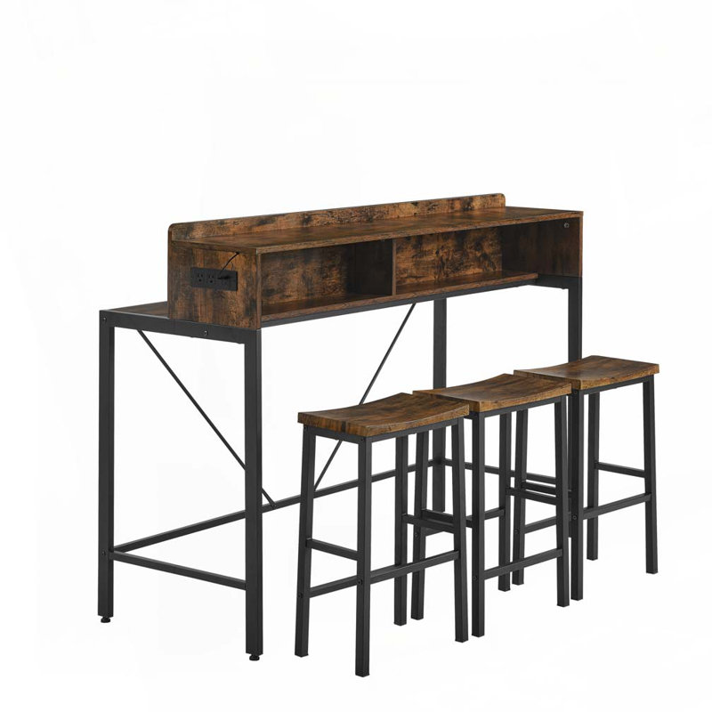 59"Console Table with Power Socket and LED light, 3 Saddle Stools, Brown