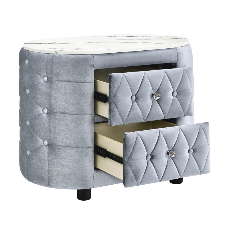 Oval Nightstand With Faux Marble Top, Button - Fabric Upholstery, Two Drawers And Crystal Pulls For Bedroom Setting Modern Nightstand, , Storage Decor