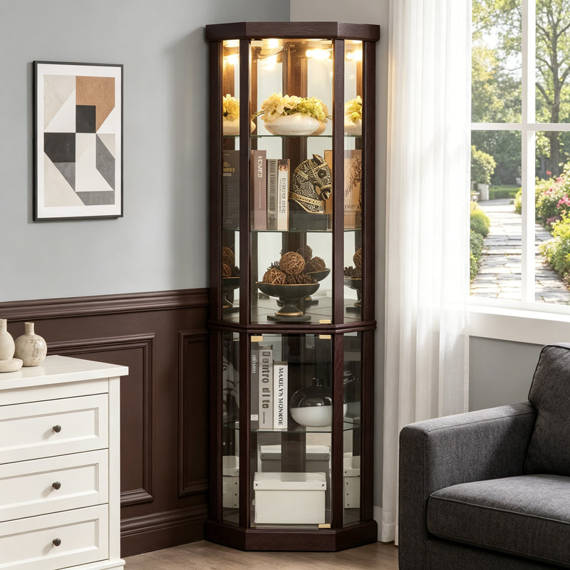 Vitrine de coin lumineuse avec vitrine élégante, Cerisier