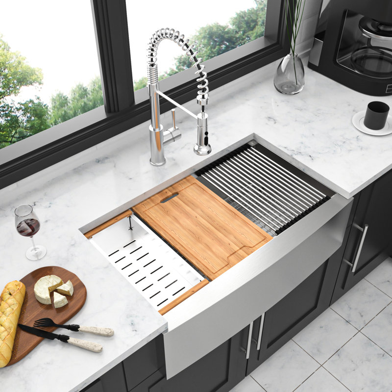 30" Stainless Steel Apron Front Sink Workstation - 16 Gauge, Brushed Nickel, , Hygienic, With Cut Board, Roll Rack, Rinse Grid, Colander, Clips, 3.5" Strainer Drain, Installation Guide 30 22" W, D,