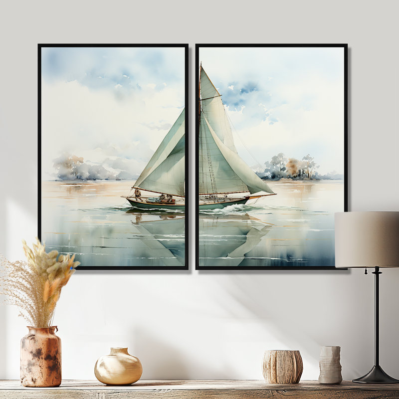 Mininmalisme voilier solitude II - art mural moderne 2 panneaux, H 36 po x l 48 po, Impression encadrée flottante, Noir