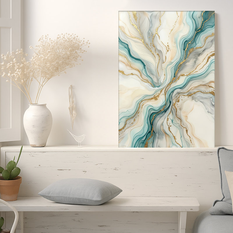 Art mural sur toile bleu sarcelle et or, 48"H x 32"W