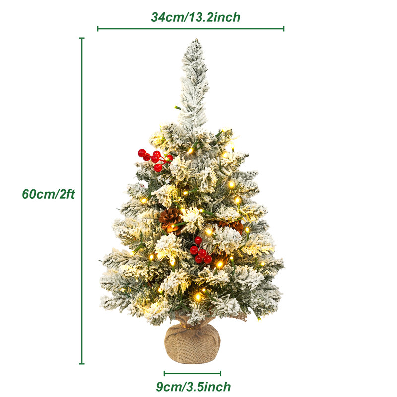 2ft Artificial White Tabletop Christmas Tree with Pine Cone Red Fruit Branch Tips and LED String Lights