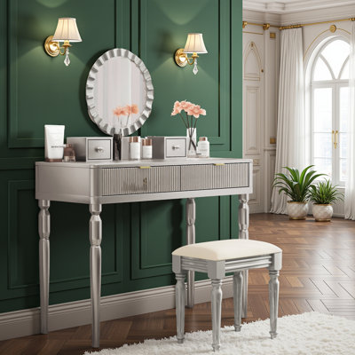 Makeup Vanity Desk with Sunflower Mirror and Cushioned Stool, Fluted Drawers and Solid Wood Frame by House of Hampton