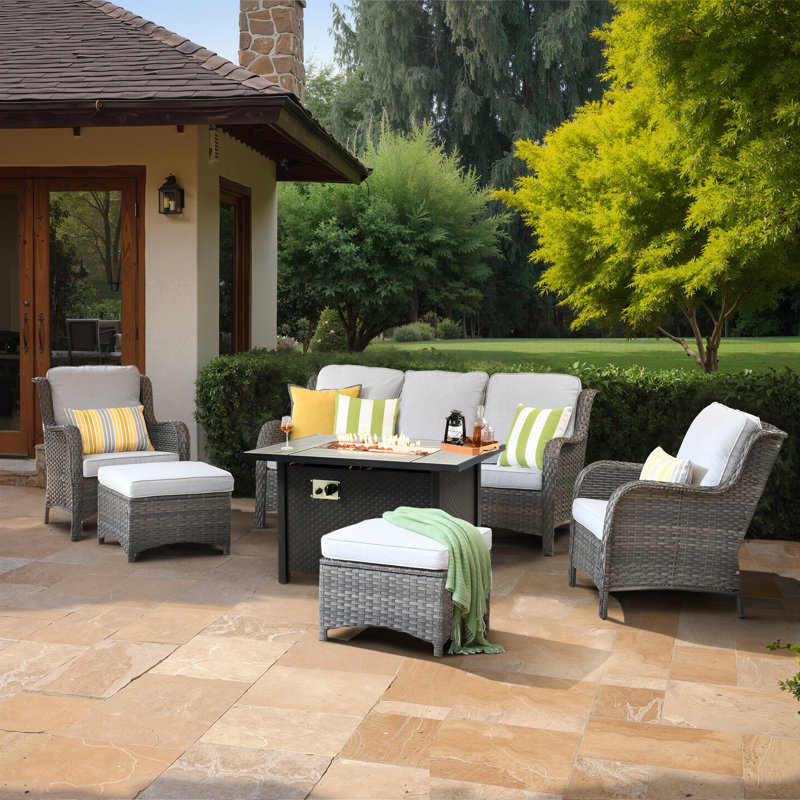 Wicker/Rattan 5 - Person Seating Group With Cushions, Gray Frame/Gray Cushion