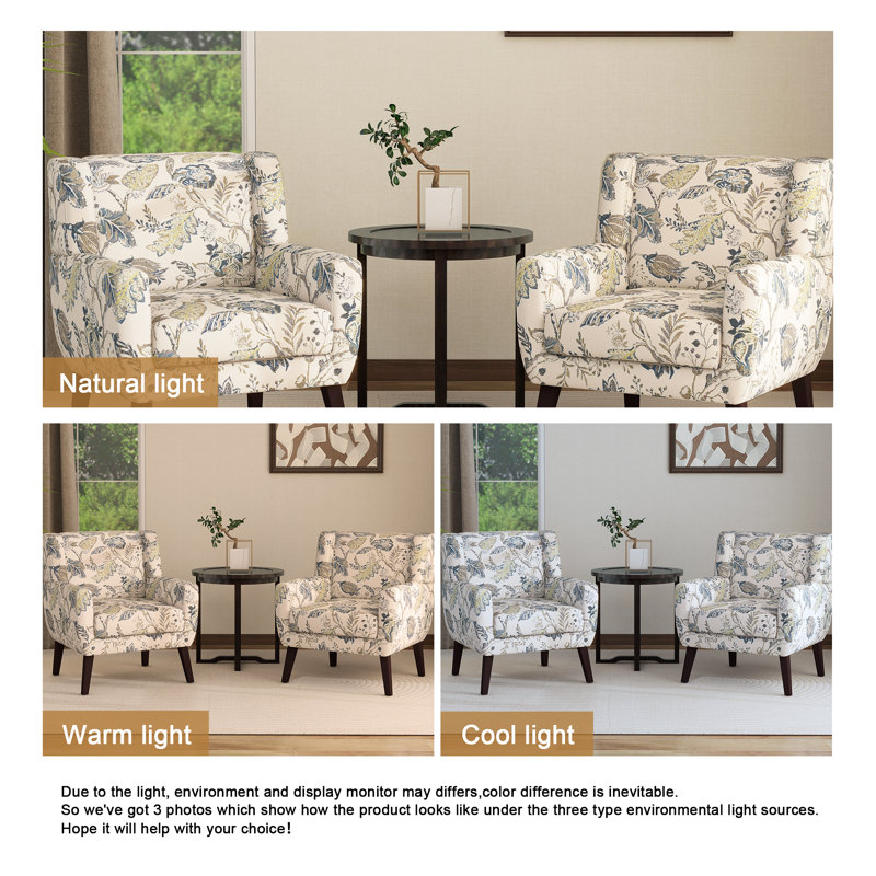 Stephanny 27.5" Wide Tufted Armchair with Solid Wood Legs, Beige/Green/Blue Leaf Linen Blend