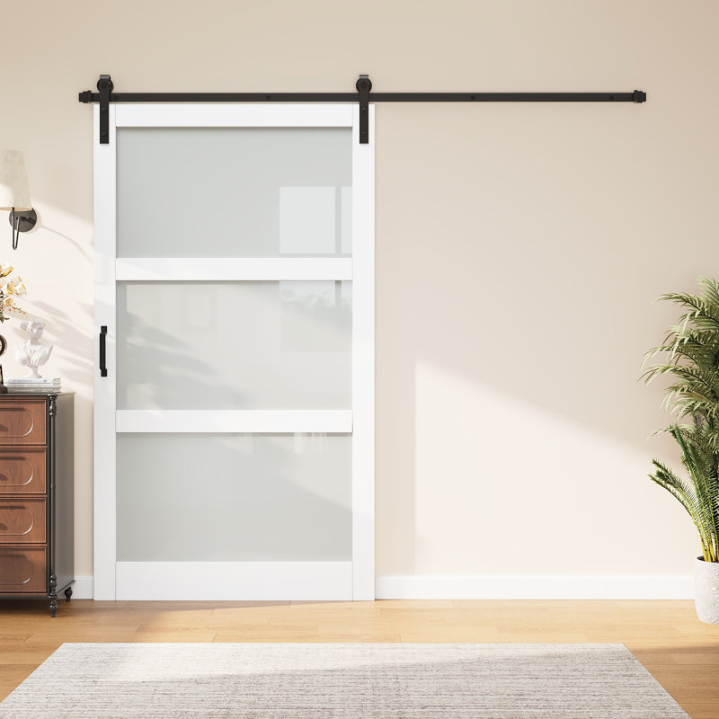 84''H 3-Lite Frosted Glass Sliding Barn Door Solid Manufactured Wood White Primed Paintable Surface Closet Pantry Interior Doors