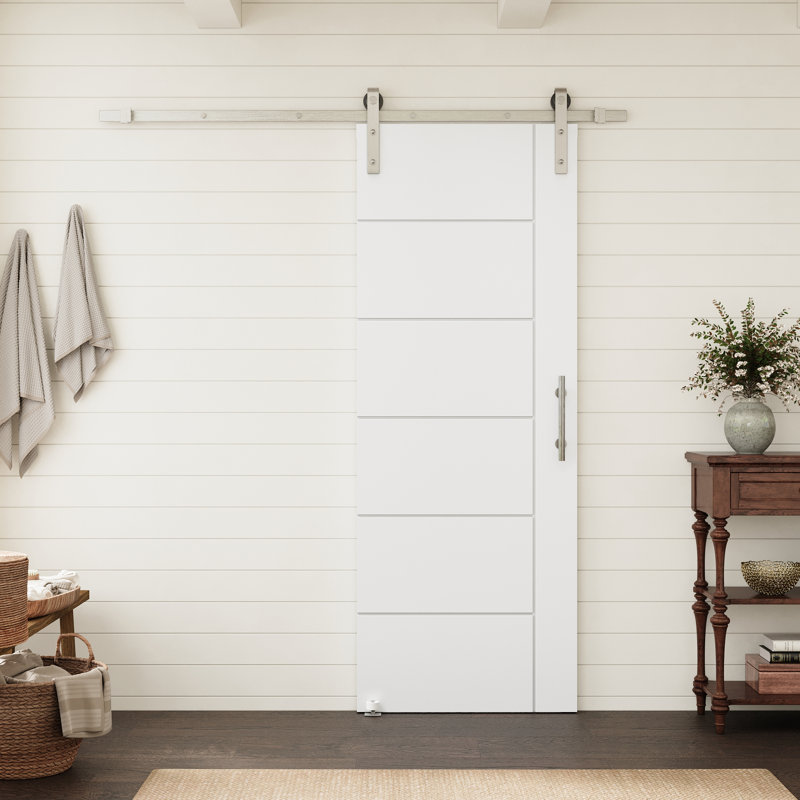 Porte intérieure standard à panneaux plats 6 panneaux 28 po x 80 po, style moderne, en bois massif apprêté blanc, avec ensemble de quincaillerie de porte de grange en nickel