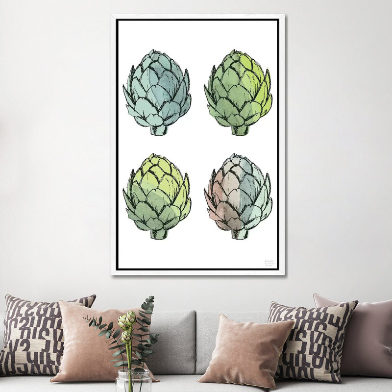 Four Artichokes - Print on Canvas, 152.4cm H x 101.6cm W x 3.81cm D, White Floater Framed