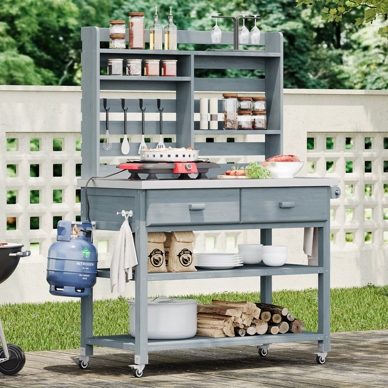 Outdoor Potting Bench Table with Lockable Wheels, Solid Wood Kitchen Island, Stainless Steel Top, Towel Rack, Ample Storage for Grilling and Gardening