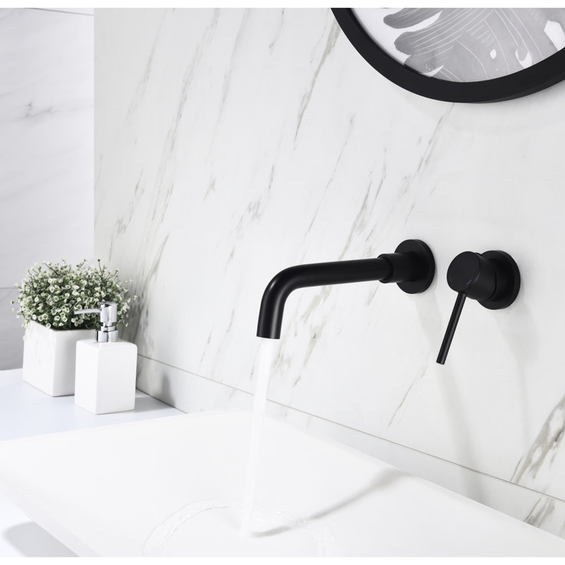 Robinet de lavabo de salle de bain mural en noir mat, levier unique pour le contrôle du débit d'eau sans effort, bonde escamotable facile à drainer, robinet en laiton et en acier inoxydable noir, poignée sans soudure