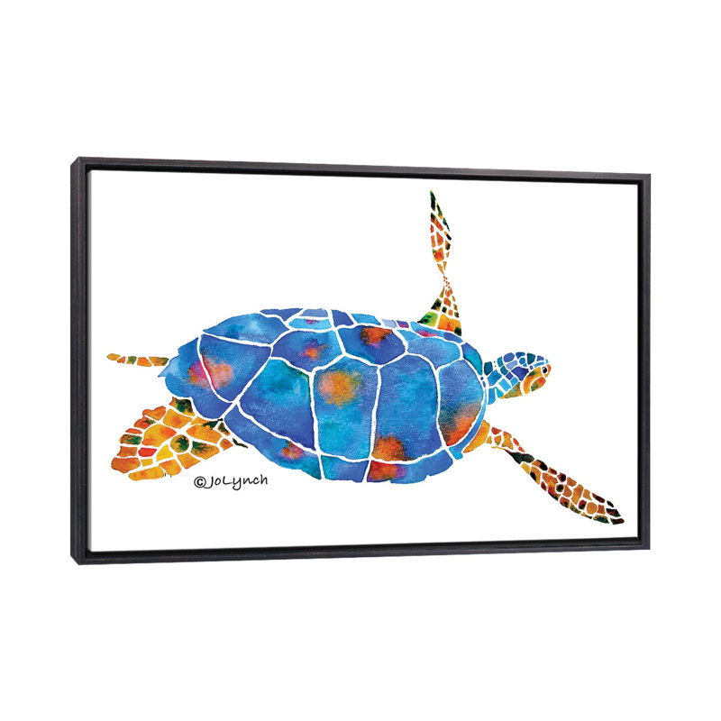 «Sea Turtle IV» par Jo Lynch - reproduction d'art, H 18 po x l 26 po x P 1,5 po, Toile encadrée noir délavé, Aucun mat