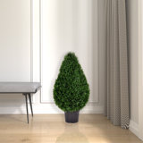 Arryana Artificial Wide Cedar Teardrop Shaped Bush, Black Plastic Pot