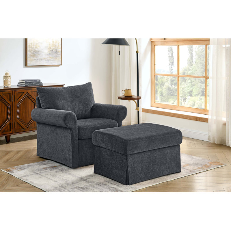 Modern Chenille Accent Chair with Ottoman Set