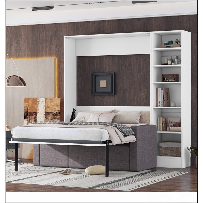 Lit escamotable double pleine grandeur avec canapé et tablettes, blanc, Double