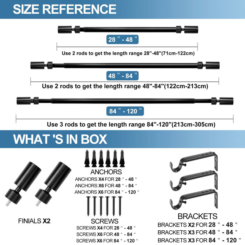Black Adjustable Metal Curtain Rod with Sleek Finials, 84"-120"