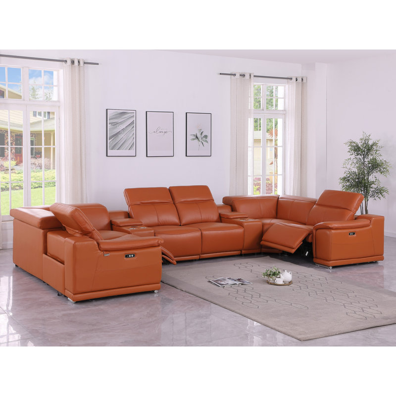Canapé modulaire en cuir italien à grain inclinable 2 pièces Ismeta, Camel Genuine Leather