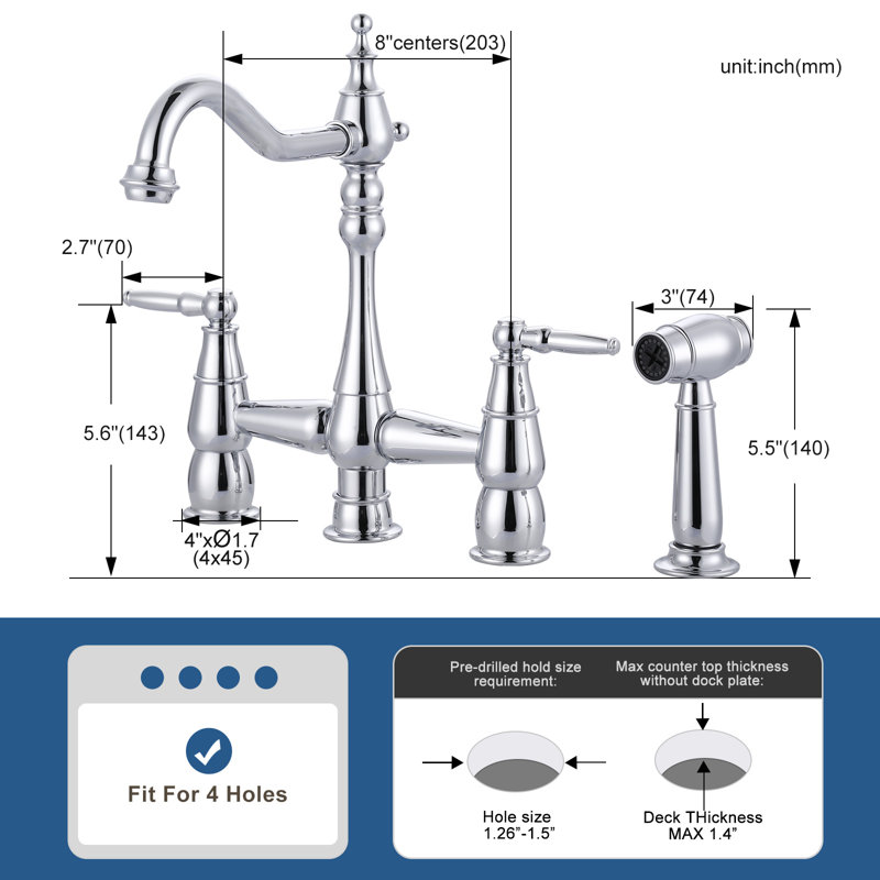 Double Handle Bridge Kitchen Faucet With Faucet-side Sprayer In Polished Chrome, Polished Chrome