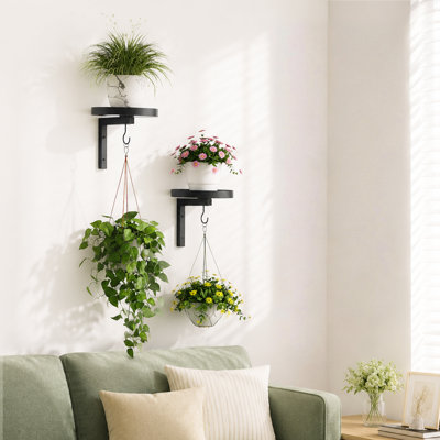 Wall Plant Holder Set of 2 for Indoor Outdoor, Metal Hanger with 2 Hooks, Floating Flower Display Stand for Window, Space Saving & Easy to Assemble, Black