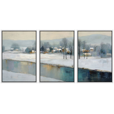 Tableau d'hiver minimaliste avec un lac enneigé et brumeux, impression giclée sur toile encadrée (3 pièces) - 40,6 x 61 cm (x3 pièces) et 61 x 91,4 cm (x3 pièces)