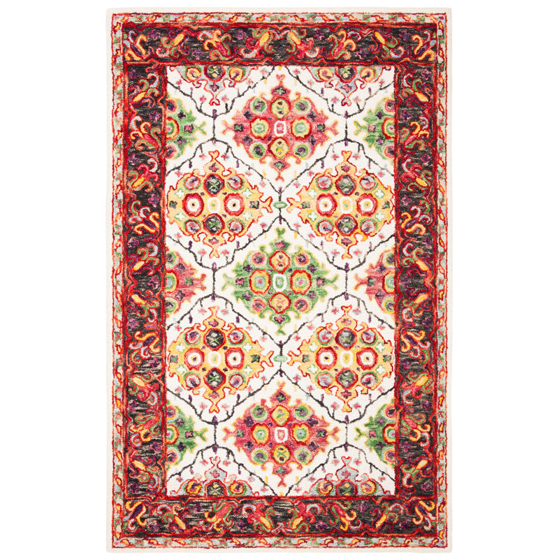 Tapis oriental ivoire / rouge en laine touffeté à la main Husson, Rectangle 4 pi x 6 pi