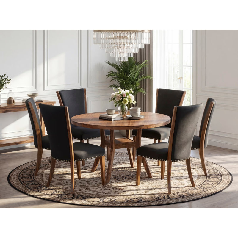 L'ensemble de salle à manger 7 pièces contient une table de cuisine ronde de 54 po avec piédestal et 6 chaises Parson en tissu noir, noyer antique